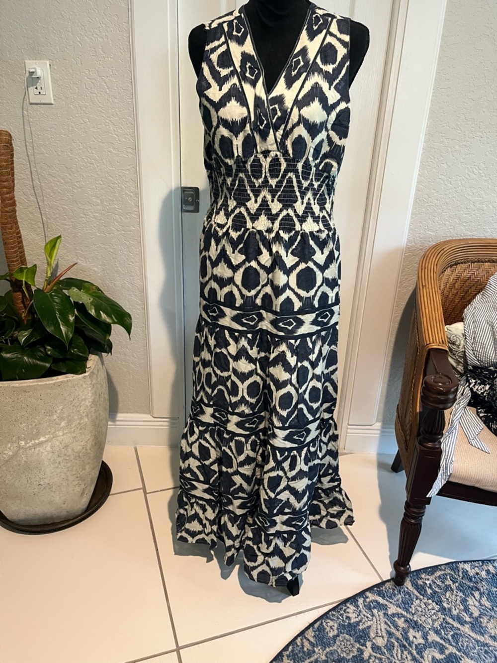 CHARLIE B Navy and White Ikat Maxi Dress